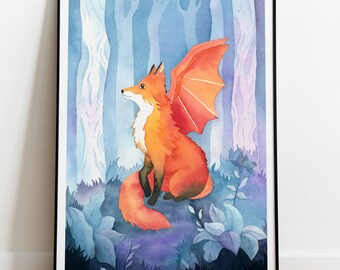 Fox dragon print, fairytale forest watercolor painting, magical fantasy wall art, Fantasy creature print, kids room art, fantasycore drawing