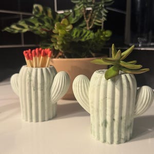 May include: Two green cactus-shaped ceramic planters. One planter holds a small succulent plant, and the other holds a bundle of red matches.