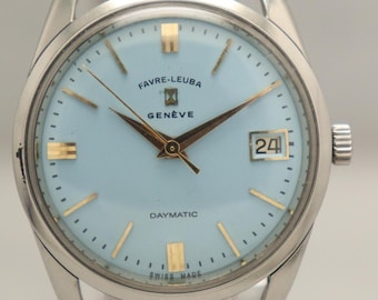 70's Vintage Favre Leuba Daymatic Automatic FL 1152 Swiss Movement Turquoise Dial Men's Watch.