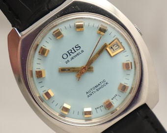 70's Vintage Oris 25 Jewels Automatic 645 KIF Swiss Movement Turquoise Dial Men's Watch.