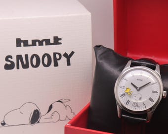 Reloj de pulsera vintage HMT para hombre, fabricado a mano, con esfera de Snoopy y Woodstock / Cuerda manual HMT, 17 rubíes, fondo transparente.