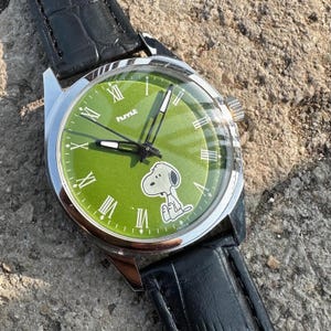 HMT Hand Crafted Dial Snoopy Dog 17 Jewels Hand Winding Men's Watch. | HMT Hand Winding Watch | HMT Green Watch | Transparent Back Watch