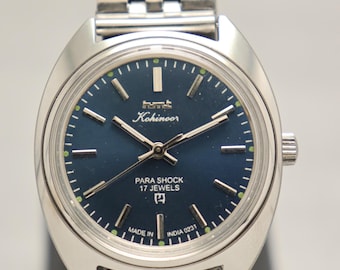 Reloj vintage HMT Kohinoor para hombre, esfera azul, 17 joyas