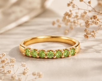 Elegant Emerald Green Half Eternity Ring, Minimalist Stacking Ring, Dainty Wedding Band, Anniversary Gift for Her, Everyday Ring