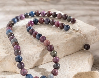 Multi Sapphire Necklace, Natural Sapphire Beaded Necklace, Sterling Silver Gemstone Necklace, September Birthstone Gift