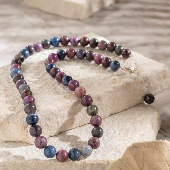 Multi Sapphire Necklace, Natural Sapphire Beaded Necklace, Sterling Silver Gemstone Necklace, September Birthstone Gift