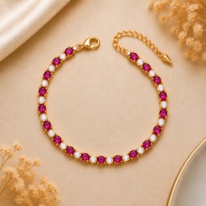 Elegant Ruby Red Tennis Bracelet, Luxury Statement Bracelet, Timeless Jewelry, Romantic Anniversary Gift for Her