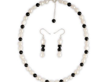 Perlen und Schwarzer Turmalin Schmuck Set, Süßwasser Perlen Halskette und Ohrringe, Sterling Silber Edelstein Set, Geschenk für Sie
