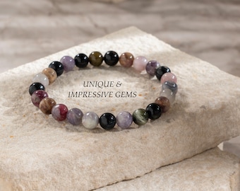 Natural Multi Tourmaline Beaded Bracelet, Healing Energy Stone Jewelry for Wellness and Protection, Handmade Colorful Gift for Her or Him