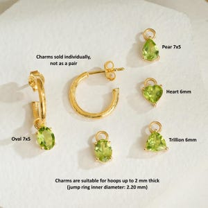 May include: Gold-colored hoop earrings and various gemstone charms. The charms include oval, pear, heart, and trillion shapes, with measurements noted. Text on the image states that charms are sold individually and suitable for hoops up to 2 mm thick.