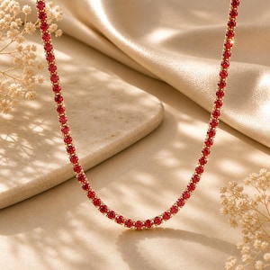 Elegant Ruby Red Tennis Necklace, Luxury Statement Necklace, Timeless Jewelry, Romantic Anniversary Gift for Her