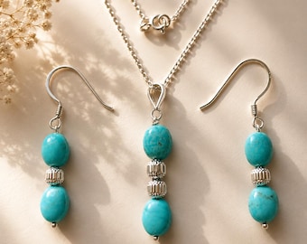 Turquoise Jewelry Set, Sterling Silver Necklace and Earrings Set, Natural Turquoise Gemstone Set, December Birthstone Gift for Her