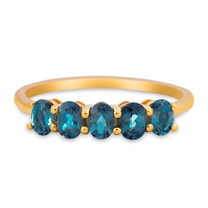 London Blue Topaz Gold Ring with 5 Gemstones, Dazzling Accessory for Special Occasions, Elegant Statement Jewelry, Perfect Gift for Her