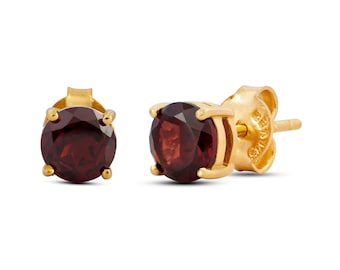 Red Garnet Stud Earrings, January Birthstone Earrings, Gold Gemstone Studs, Deep Red Minimalist Earrings, Gift for Her