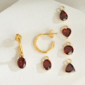 Red Garnet Hoop Earrings with Five Charms | Handmade Gemstone Jewelry, Unique Birthstone Gift for Her, Anniversary, Birthday, Holiday Gift