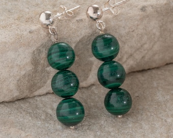 Malachite Drop Earrings, Sterling Silver Beaded Earrings, Natural Green Gemstone Dangle Earrings, Unique Gift for Her