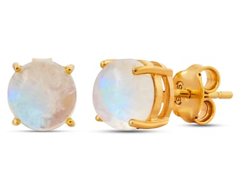 Rainbow Moonstone Stud Earrings, June Birthstone Earrings, Gold Earrings, Minimalist Gemstone Studs, Gift for Her