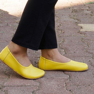 Flat Ballet Barefoot Zero Drop YELLOW SMOOTH Leather Ballerinas, Leather Handmade Shoes, Slip-On 5mm Rubber Outsole image 1