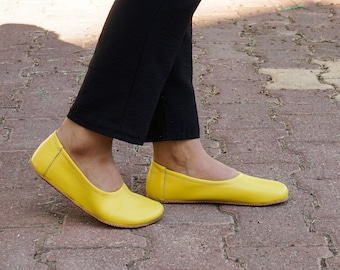 Flat Ballet Barefoot Zero Drop YELLOW SMOOTH Leather Ballerinas, Leather Handmade Shoes, Slip-On 5mm Rubber Outsole