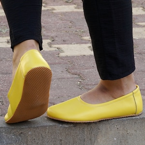 Flat Ballet Barefoot Zero Drop YELLOW SMOOTH Leather Ballerinas, Leather Handmade Shoes, Slip-On 5mm Rubber Outsole image 3