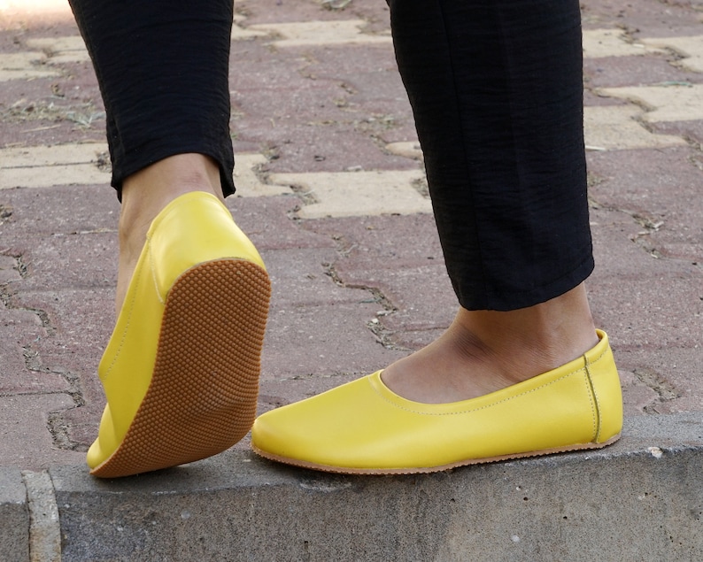 Flat Ballet Barefoot Zero Drop YELLOW SMOOTH Leather Ballerinas, Leather Handmade Shoes, Slip-On 5mm Rubber Outsole image 3