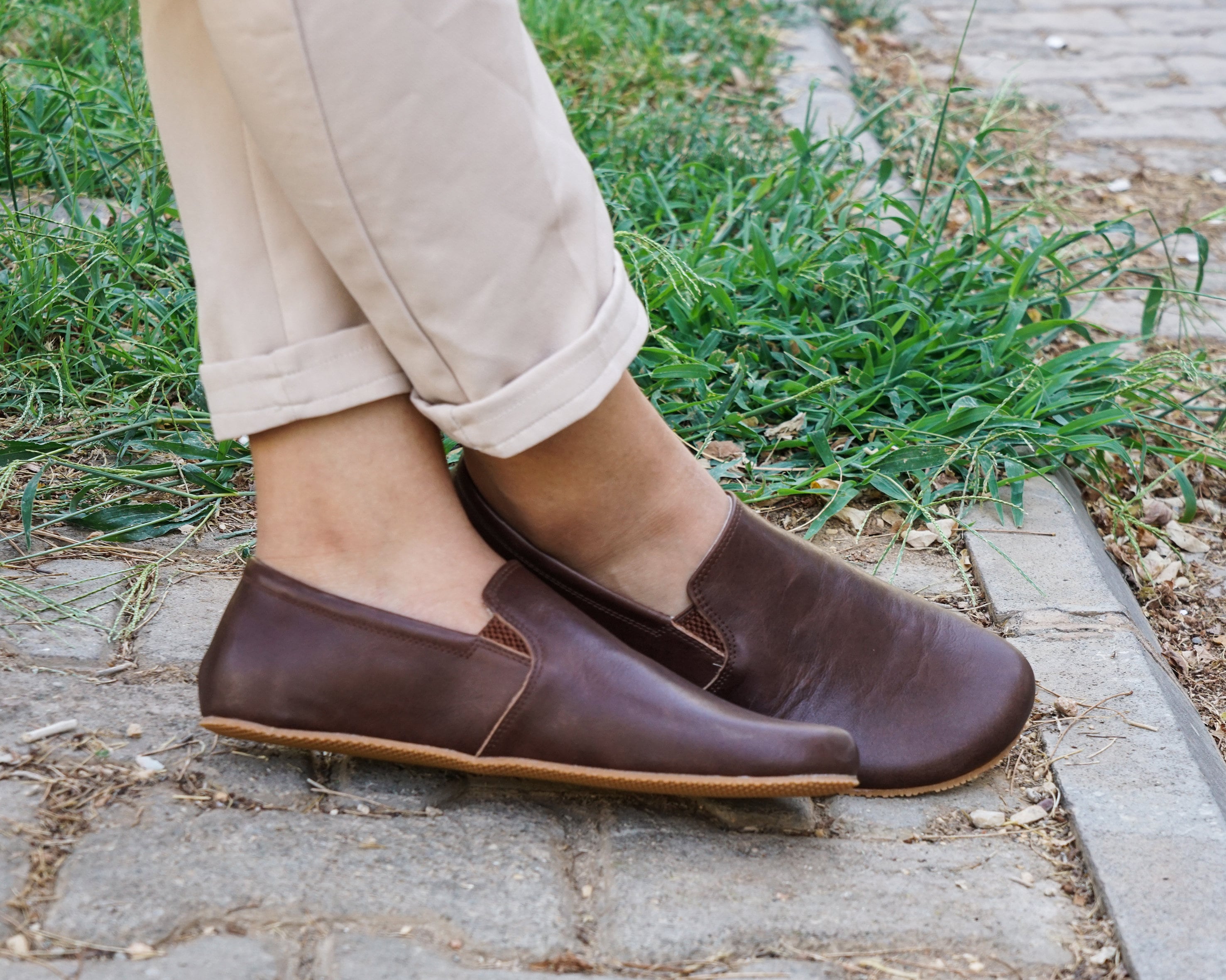 Handmade Dark Brown Leather Barefoot Slip-On Shoes: Zero Drop