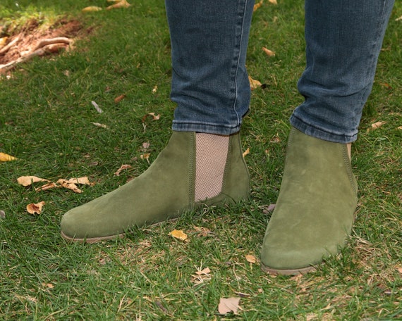 Men Handmade CHELSEA Boots Zero Drop, Barefoot GREEN NUBUCK Leather,  Natural, Colorful, Leather Insole & Outsole 