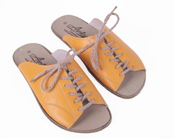 Women's Mustard Leather Barefoot Sandals: Wide Lace-Up Slippers