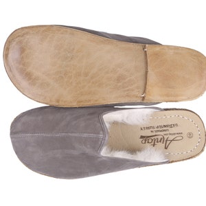 WOMEN Shearling Wide Zero Drop Slipper, Sandals Barefoot GRAY Nubuck Leather Handmade, Natural, Colorful, Leather Insole and Outsole