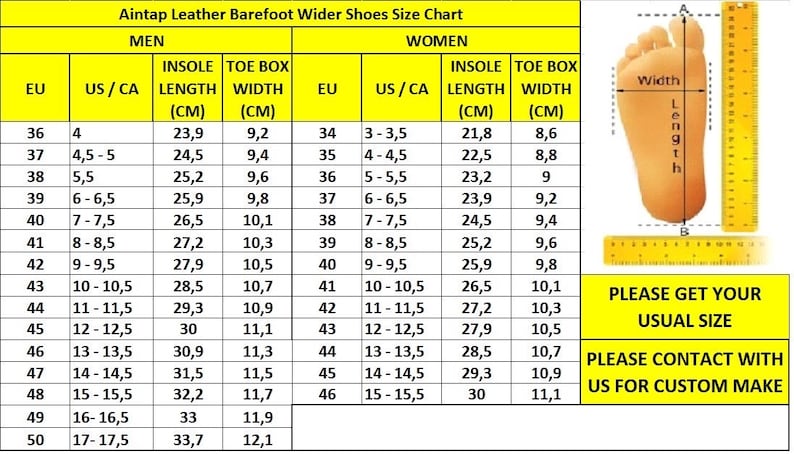 Pu&ograve; includere: Un grafico giallo con testo nero che mostra le taglie delle scarpe in US, EU e centimetri per uomini e donne. Il grafico include le misure della lunghezza della soletta e della larghezza della scatola delle dita. Il grafico include anche un diagramma di un piede con misure di lunghezza e larghezza.