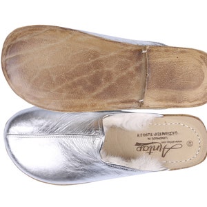 Shearling MEN Wide Slipper, Sandals Barefoot SILVER Bright Leather Handmade image 1