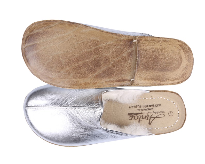 Shearling MEN Wide Slipper, Sandals Barefoot SILVER Bright Leather Handmade image 1