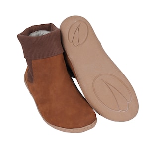 MEN Wide Barefoot Chelsea Boots, Zero Drop, Stacked Sock-like Cuffs, TAN NUBUCK Leather Handmade, Natural, 6mm Soft Rubber Sole