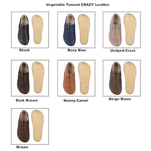 May include: A collection of seven vegetable tanned CRAZY leather shoes shown in black, navy blue, undyed-crust, dark brown, honey-camel, beige bizon, and brown. Each pair includes a lace-up shoe and a matching light tan leather sole insert.