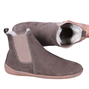 Dames Handgemaakte Shearling CHELSEA Laarzen Zero Drop, Barefoot SMOKED NUBUCK Leer, Kleurrijk, Leren binnenzool 6MM rubberen zool, bontvoering