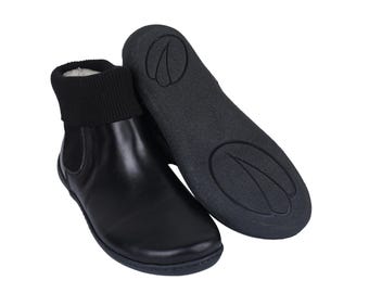 Herren Barfuß-Chelsee-Stiefel mit breiter Spitze: Schwarzes Leder, Zero-Drop, Handgemacht