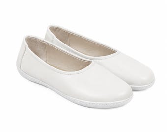 Women WHITE SMOOTH Leather Barefoot Ballerinas: Handmade Zero Drop Shoes, Soft and Flexible Rubber Outsole