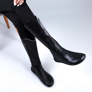 Handgefertigte Schwarz Leder Barfuß Knie Stiefel: Breite Spitze, Zero Drop
