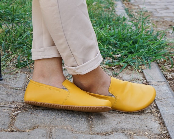 WOMEN Zero Drop Slip on Barefoot MUSTARD SMOOTH Leather Handmade Shoes Natural Colorful 5mm Rubber Outsole Etsy
