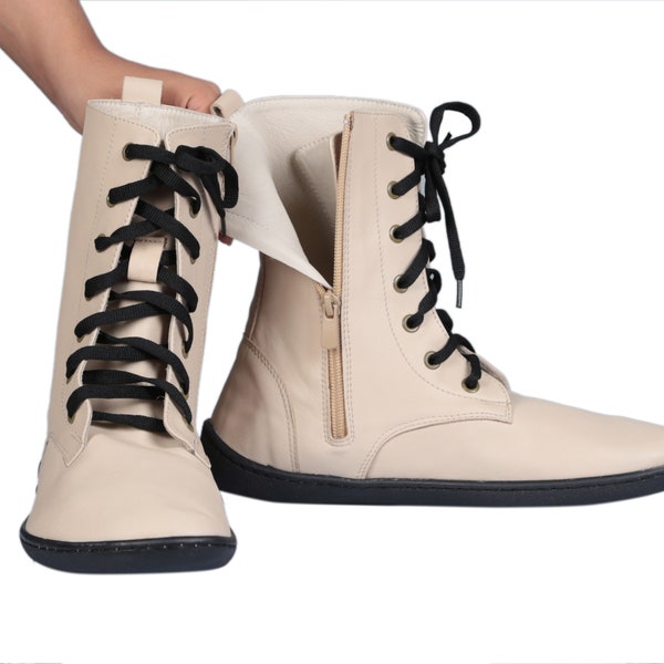 Women BOOT BEIGE Smooth Leather, Handmade Barefoot, Grounding, Zero Drop, Flexible Soft Rubber Sole, Stylish, Natural, Colorful