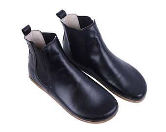 Botas CHELSEA hechas a mano para mujer Zero Drop, cuero liso NEGRO descalzo, natural, colorido, plantilla de cuero y suela exterior