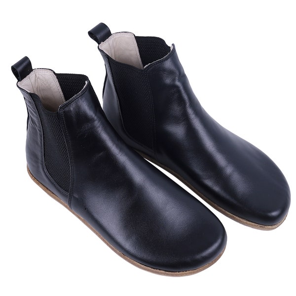 Botas CHELSEA hechas a mano para mujer Zero Drop, cuero liso NEGRO descalzo, natural, colorido, plantilla de cuero y suela exterior