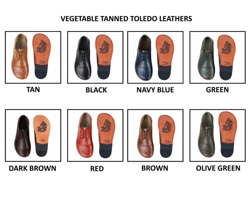 May include: A collection of leather shoes in various colors, including tan, black, navy blue, green, dark brown, red, brown, and olive green. Each pair is displayed with the sole visible, showcasing a unique design. The text "VEGETABLE TANNED TOLEDO LEATHERS" is at the top.