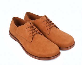 Women's Barefoot TAN NUBUCK Leather Oxford Shoes, Classic Comfort & Style: Handmade, Moccasins