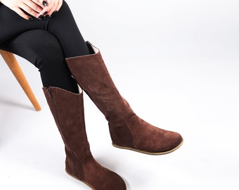 Women Flat KNEE Boots Barefoot Zero Drop BROWN SUEDE Leather Handmade Shoes, 5mm Leather Outsole