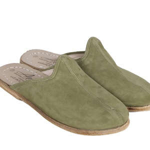 WOMEN Wide Slipper, Sandals Barefoot GREEN Nubuck Leather Handmade