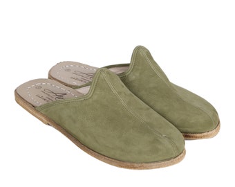 WOMEN Wide Slipper, Sandals Barefoot GREEN Nubuck Leather Handmade