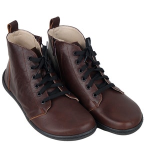 HEREN Bredere rits en veters Korte laarzen Zero Drop blote voeten Donkerbruin glad leer handgemaakte schoenen, kleurrijk, instapper 6 mm rubberen buitenzool