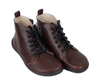 MEN Wider Zipper & Laces Short Boots Zero Drop Barefoot Darker Brown Smooth Leather Handmade Shoes, Colorful, Slip-On 6mm Rubber Outsole