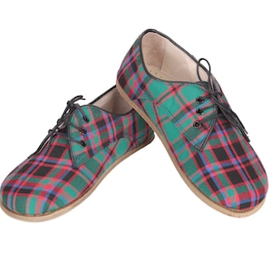 MEN Barefoot OXFORD Tartan Plaid Fabric & Leather Handmade Classic Yemeni Shoes, Natural, Colorful, Slip-On